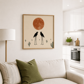 Surreal desert moon art print with long-legged birds and negative space