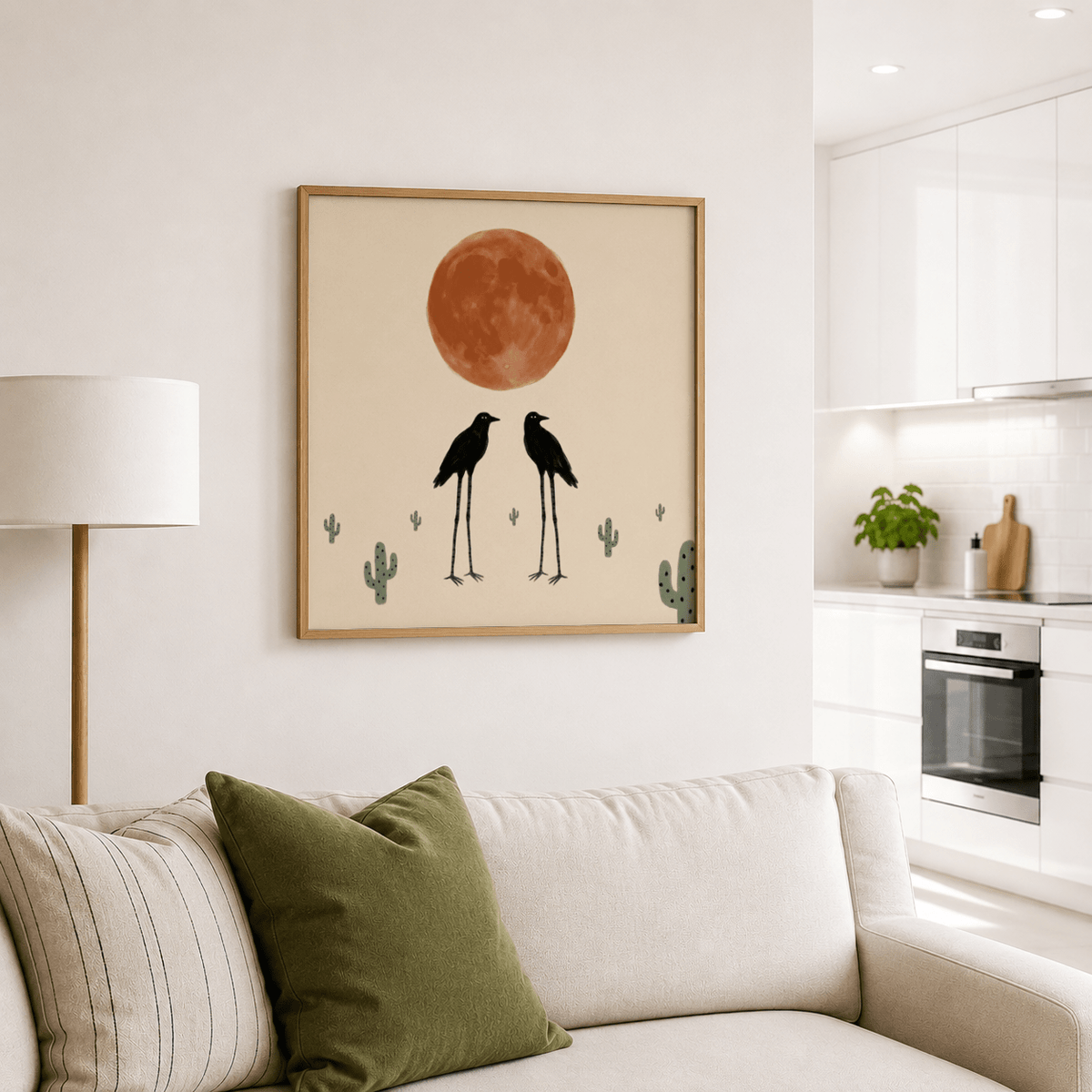 Surreal desert moon art print with long-legged birds and negative space