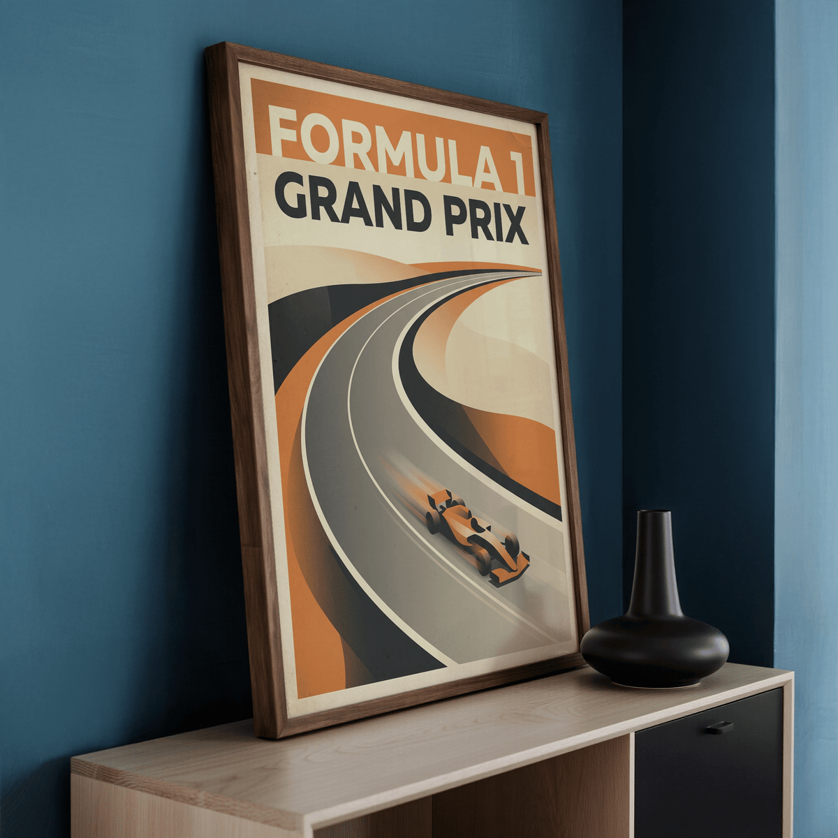 Full composition of Formula 1 racing poster print with large text and layered track shapes