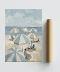 Beach Umbrella Art Print ideal for home office with calming blue and beige tones
