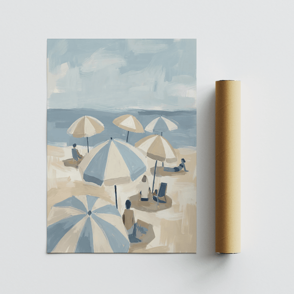 Beach Umbrella Art Print ideal for home office with calming blue and beige tones