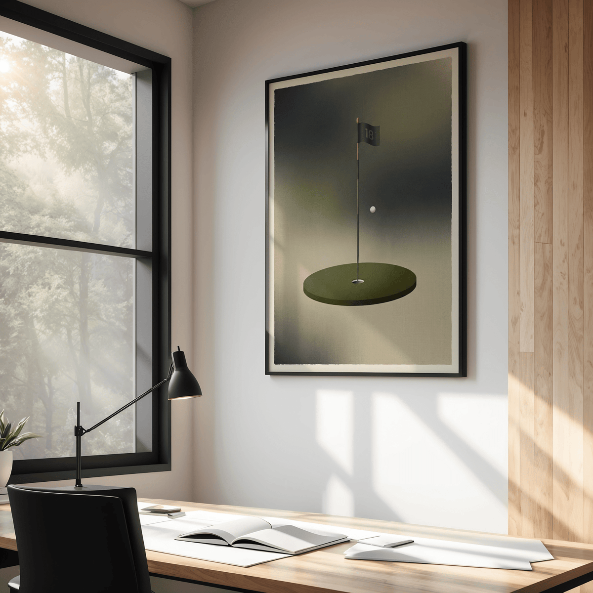 Minimalist Golf Wall Art poster showing number 18 flag in neutral palette