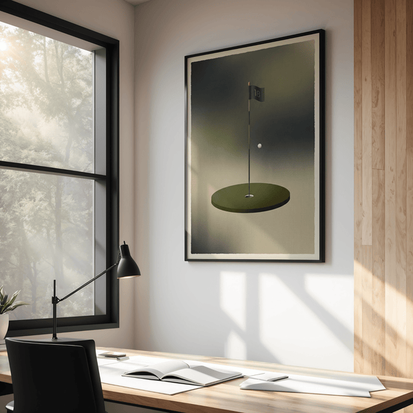 Minimalist Golf Wall Art poster showing number 18 flag in neutral palette