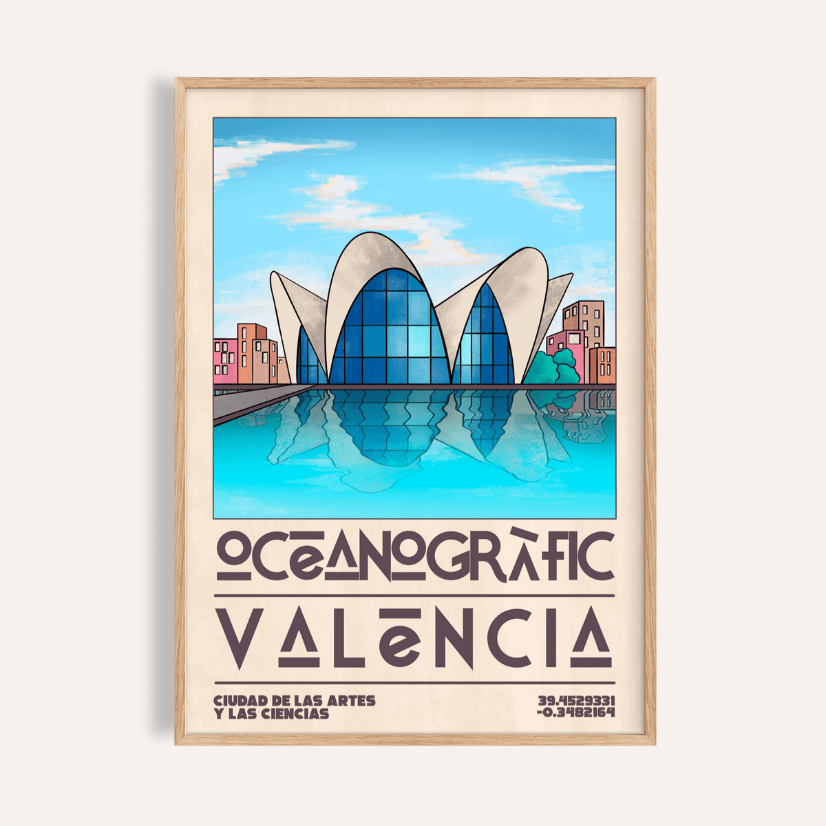 Valencia Oceanographic Art Print hanging in living room above wooden sideboard