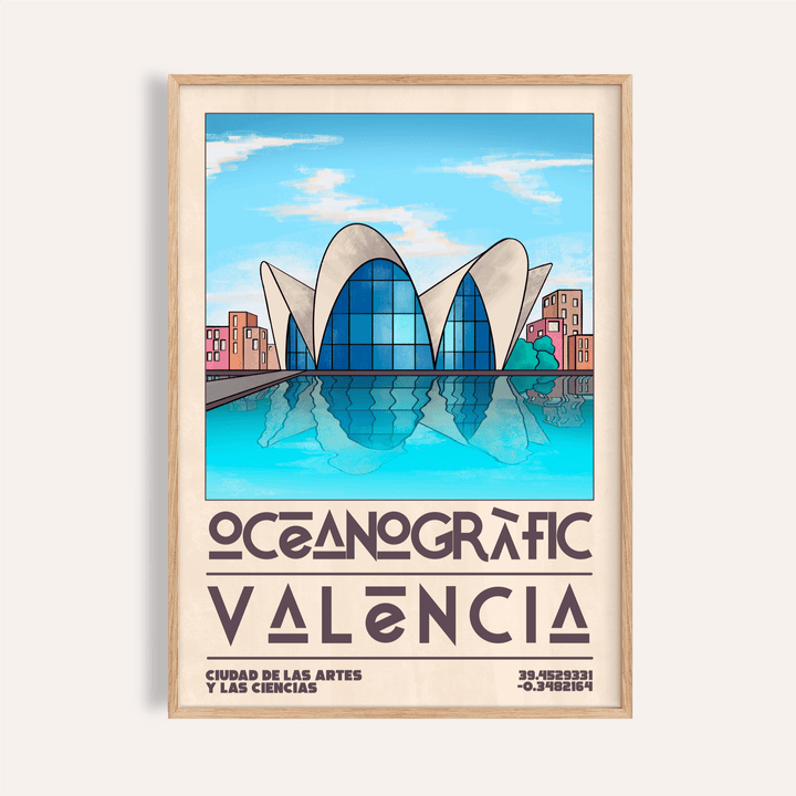 Valencia Oceanographic Art Print hanging in living room above wooden sideboard