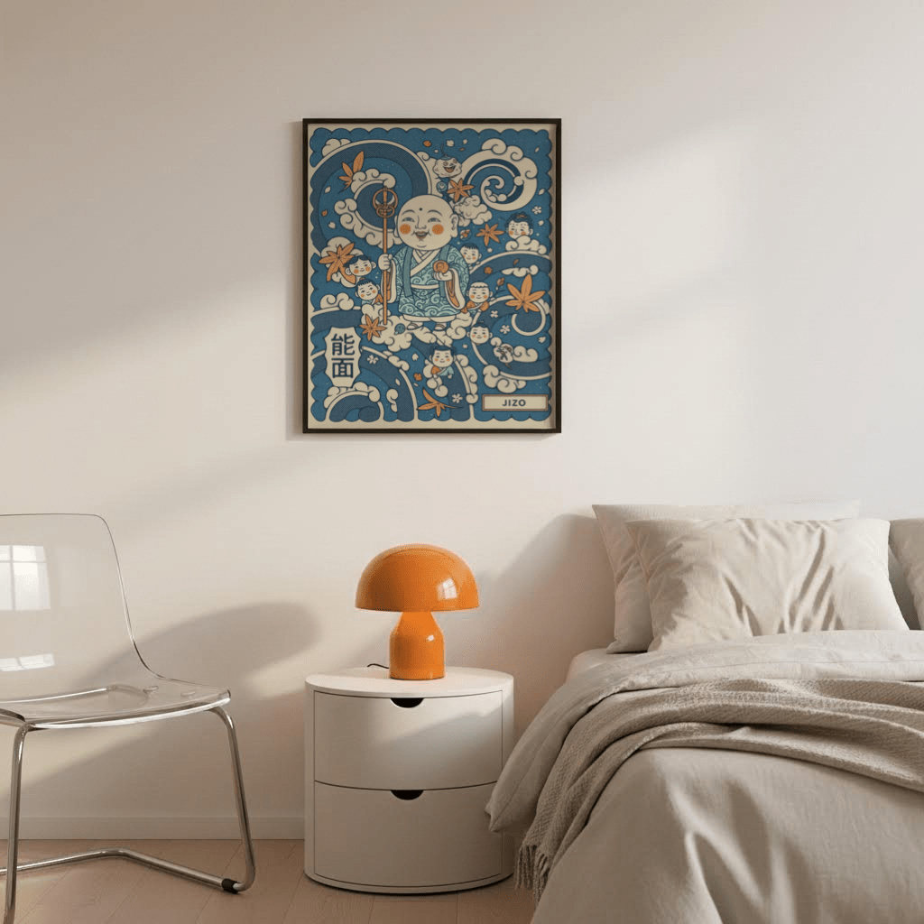 Playful cloud-and-leaf composition wall art print featuring a Jizo figure and small faces