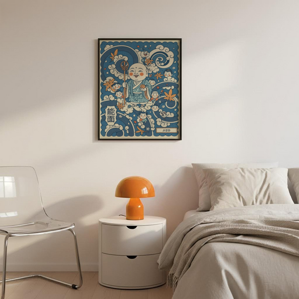 Playful cloud-and-leaf composition wall art print featuring a Jizo figure and small faces