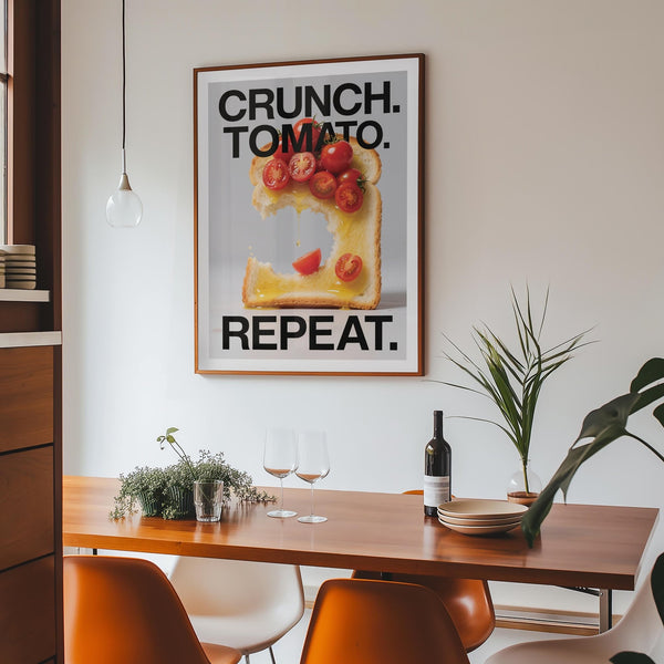 Dining Table Wall Art showing tomatoes mid-drip on toast, framed for kitchen interiors.