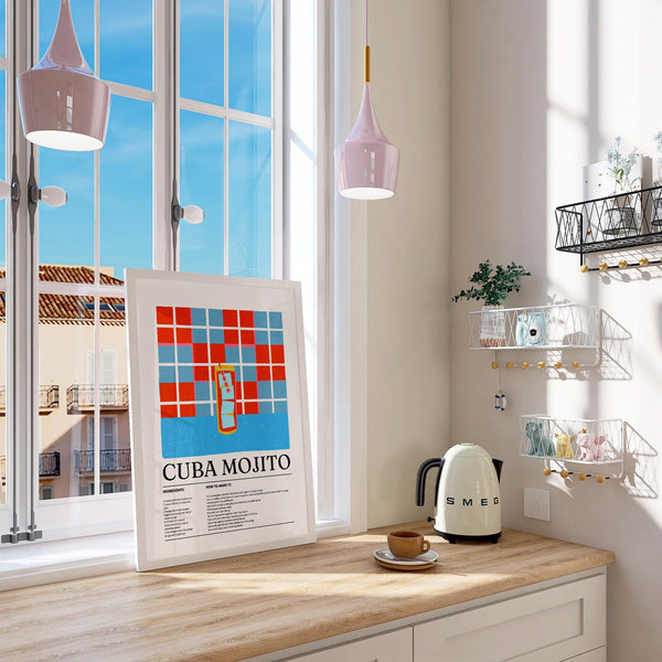 Colorful drink print with Cuban Mojito ingredients and soda bubbles.