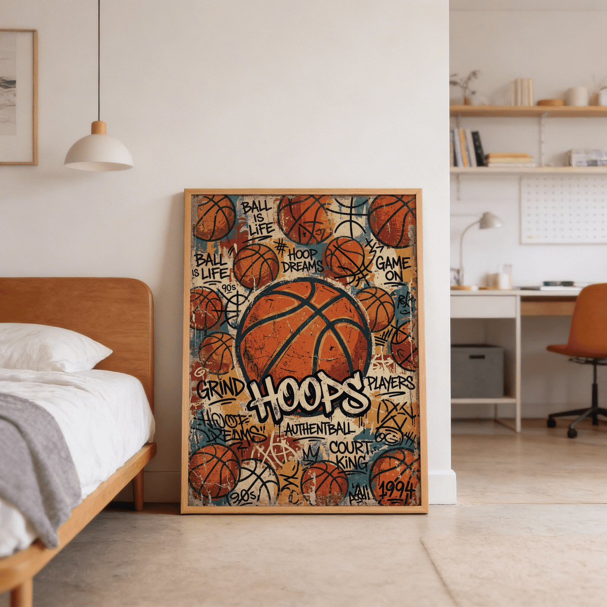 Collage-style sports wall art print with multiple basketballs and handwritten notes
