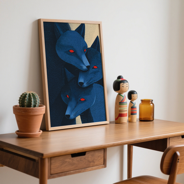 Textured illustration wall art print of three fox heads clustered together