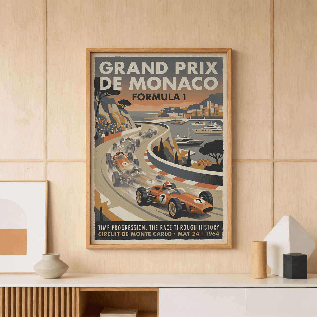 Retro Monaco Grand Prix poster style wall art of harbor and city skyline