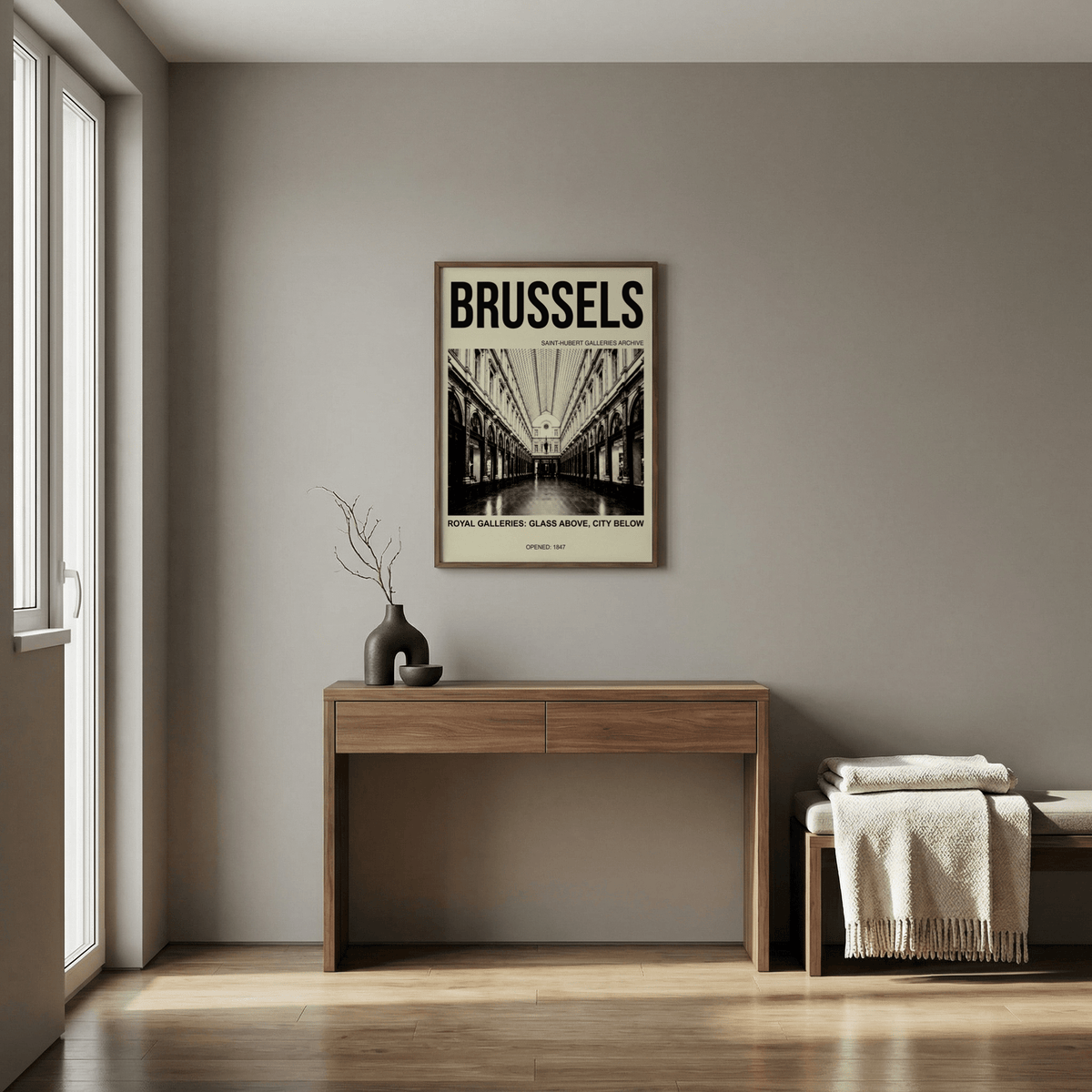 Halftone architecture poster highlighting reflective floor and skylight corridor