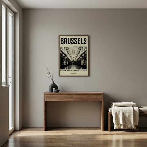 Halftone architecture poster highlighting reflective floor and skylight corridor