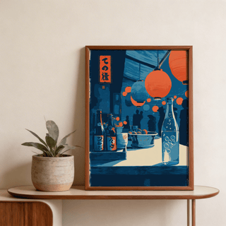 Detail crop of glass bottle and bowl arrangement in Japanese market poster wall art