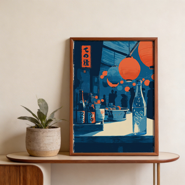 Detail crop of glass bottle and bowl arrangement in Japanese market poster wall art