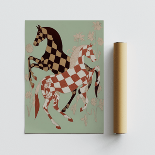 Vintage Horse Art Print featuring graphic checkerboard coats and delicate florals