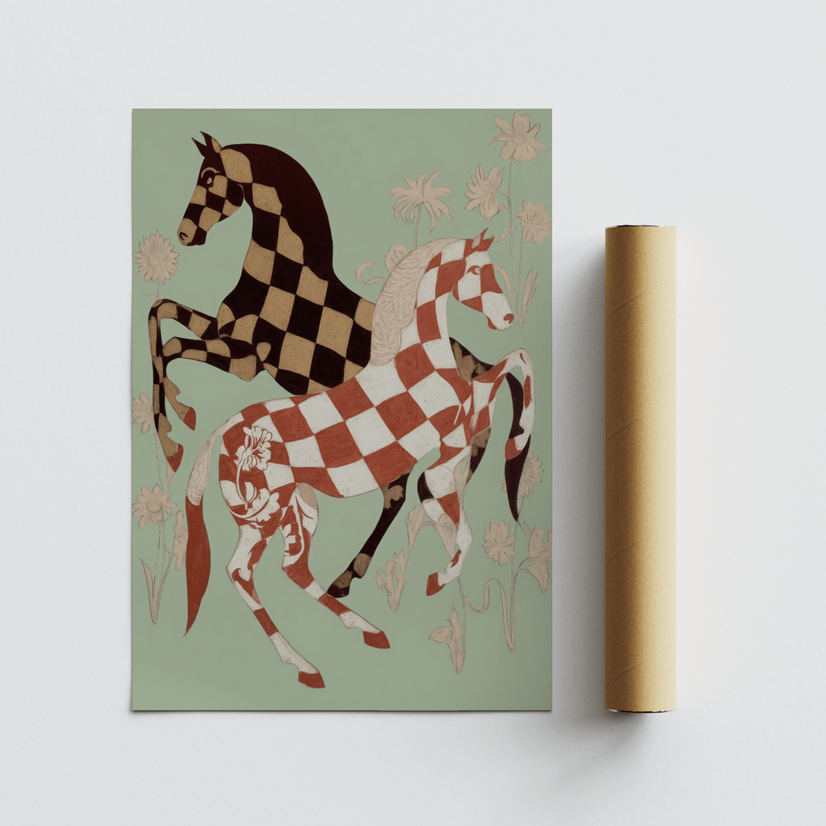 Vintage Horse Art Print featuring graphic checkerboard coats and delicate florals