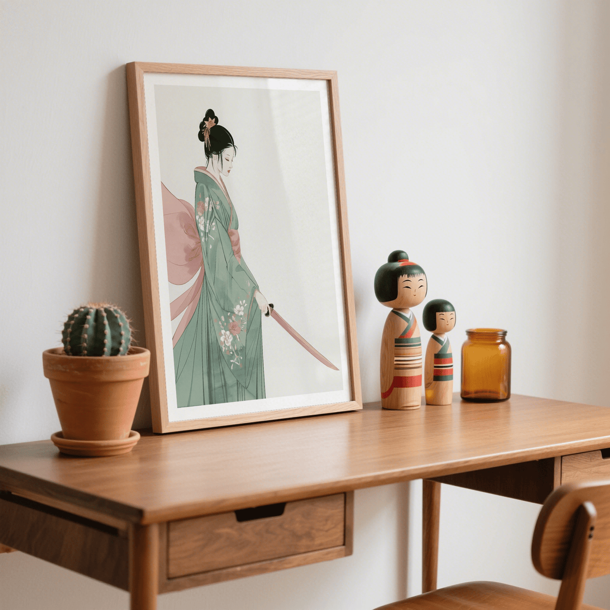 Floral kimono wall poster highlighting fabric folds and silhouette