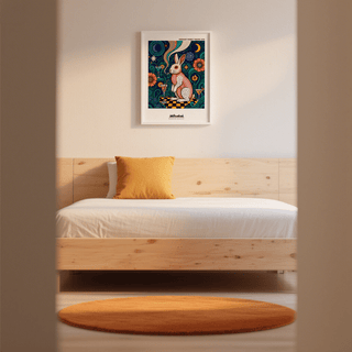 Illustrated rabbit wall art print with smoke ribbon, cocktail glasses, and patterned background