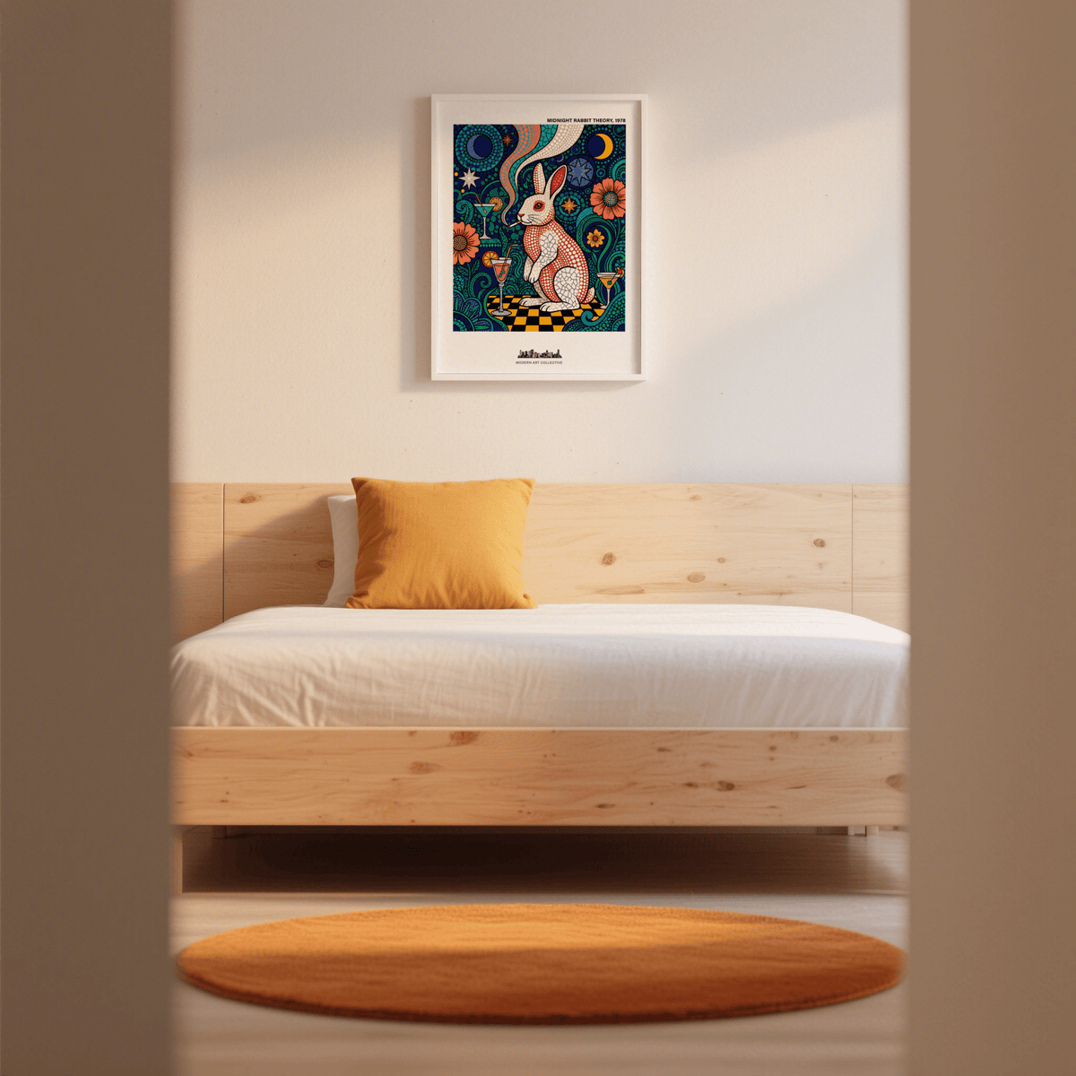 Illustrated rabbit wall art print with smoke ribbon, cocktail glasses, and patterned background