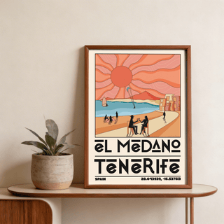 Close-up Tenerife Travel Poster typography with El Medano and Tenerife lettering and coordinate-style text