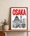 Line-drawn Japan travel wall art featuring Osaka castle and street signs