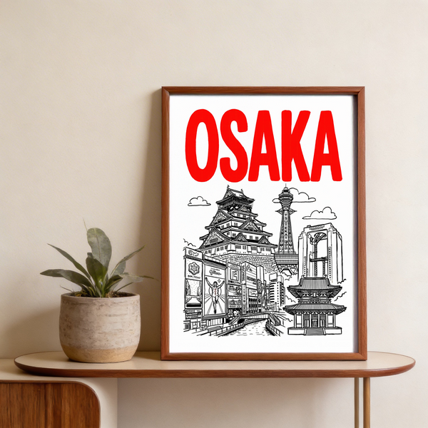 Line-drawn Japan travel wall art featuring Osaka castle and street signs