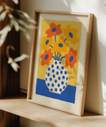 Vase and Flowers Poster showing Blue dots and bright flowers for hallway wall art