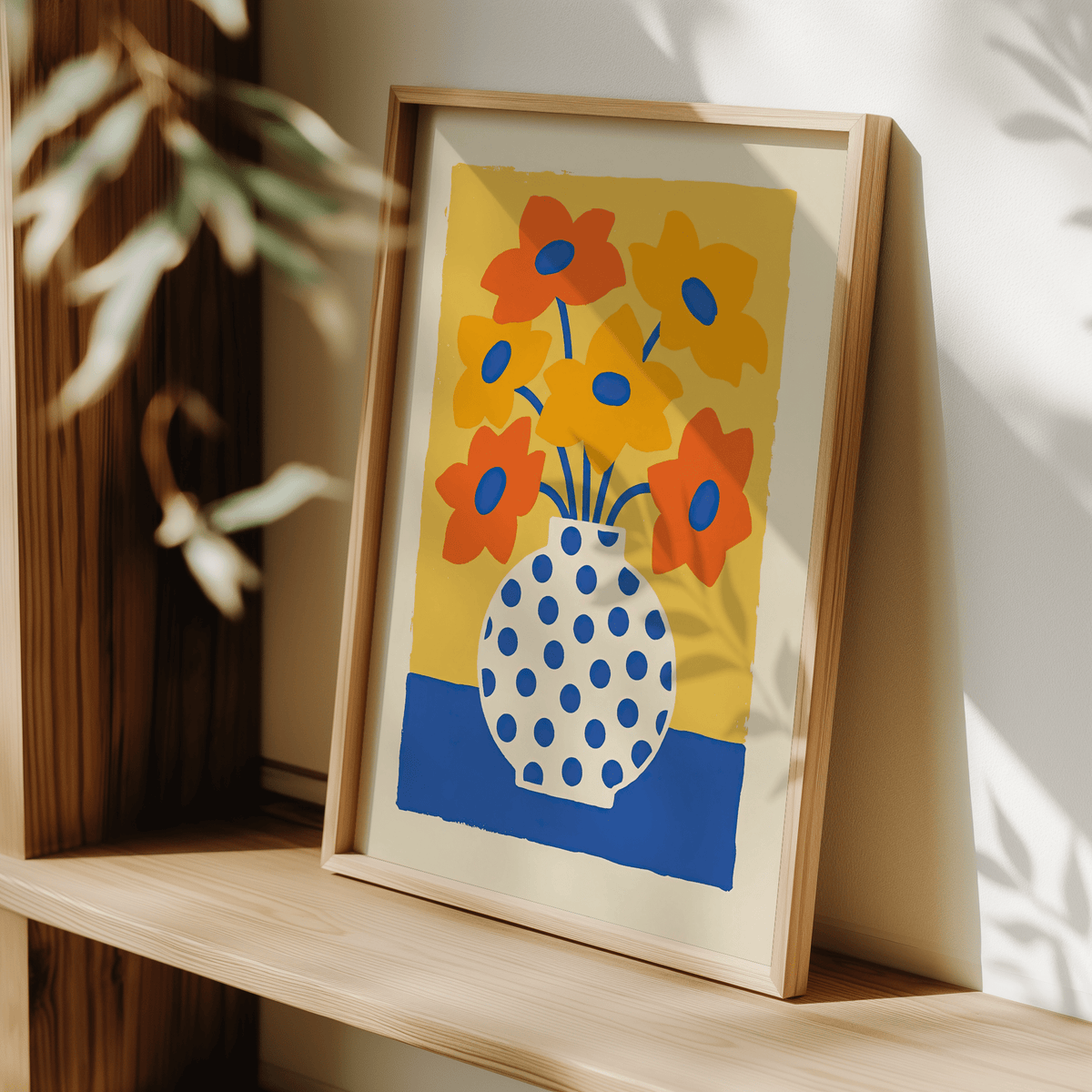 Vase and Flowers Poster showing Blue dots and bright flowers for hallway wall art
