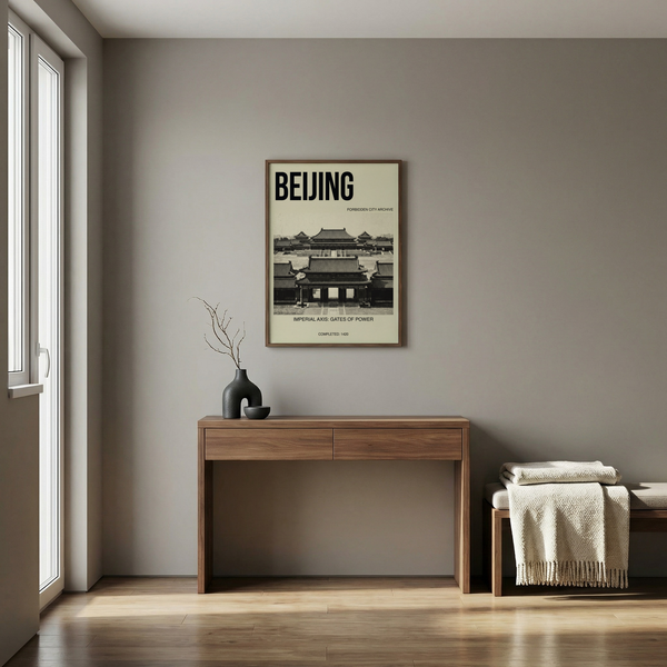 Classic Beijing Architecture Art Print with bold title and historic gate photograph