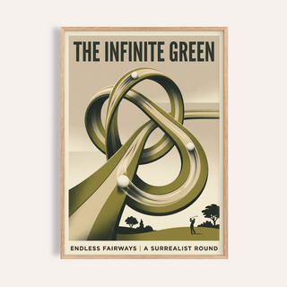 Overview of Surrealist Golf Art Print poster with looping infinity fairway and three golf balls