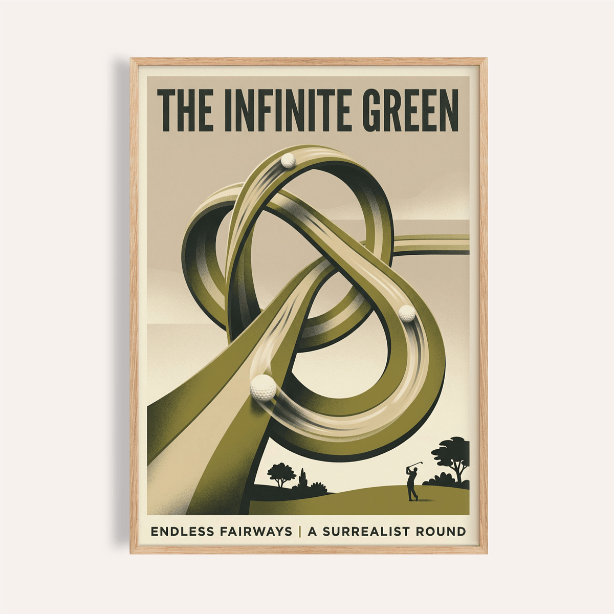 Overview of Surrealist Golf Art Print poster with looping infinity fairway and three golf balls