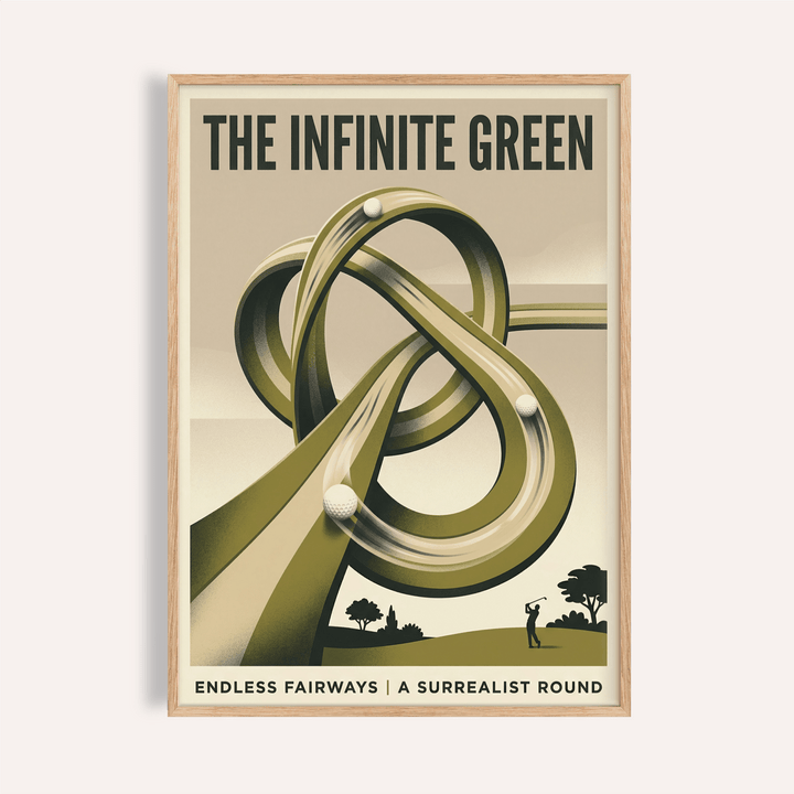 Overview of Surrealist Golf Art Print poster with looping infinity fairway and three golf balls