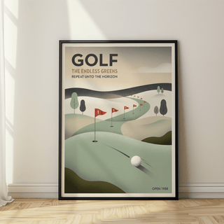 Vintage Golf Wall Art poster showing rolling greens, red flags, and minimalist trees