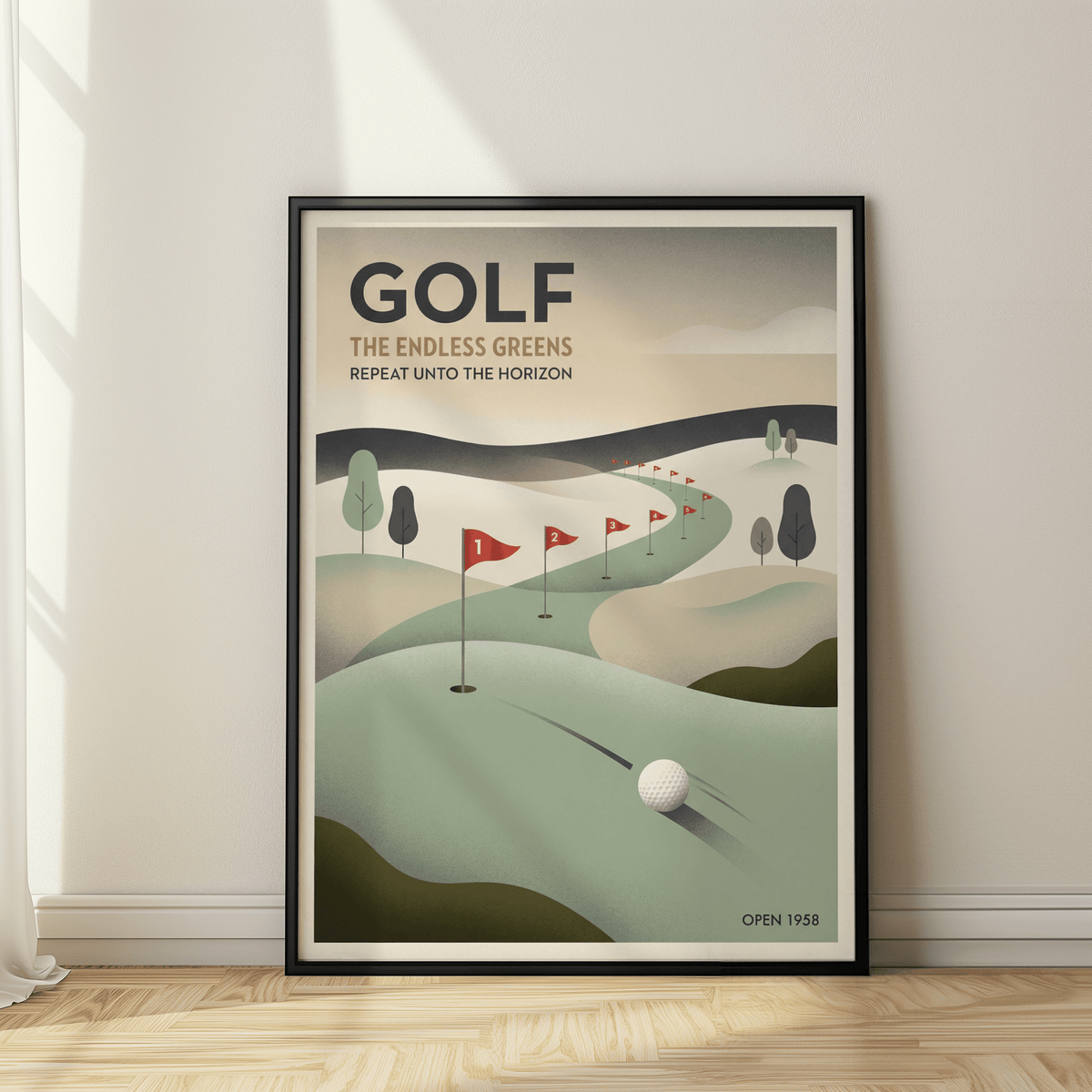Vintage Golf Wall Art poster showing rolling greens, red flags, and minimalist trees