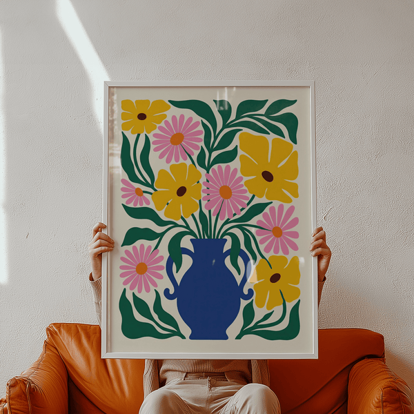 Floral Vase Art Print, highlighted by Blue vase and colorful Yellow and Pink flowers for office wall art