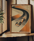 Dynamic track curve poster featuring a lone formula race car in Orange, Black, Beige, Formula Racing Art Print