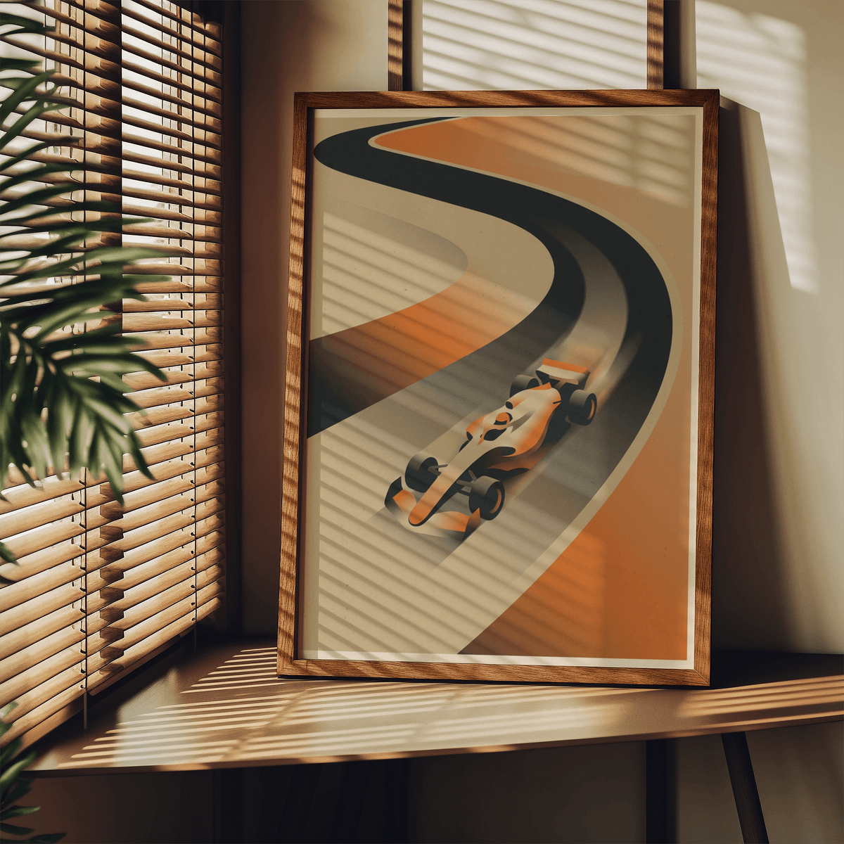 Dynamic track curve poster featuring a lone formula race car in Orange, Black, Beige, Formula Racing Art Print