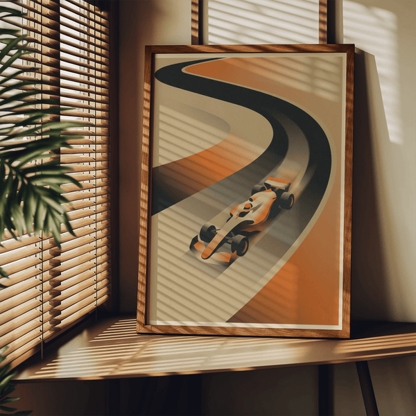 Dynamic track curve poster featuring a lone formula race car in Orange, Black, Beige, Formula Racing Art Print