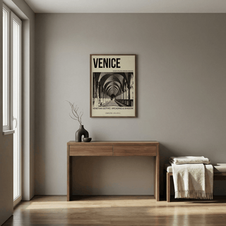 Black and white architecture poster print with Venice header and corridor shadows