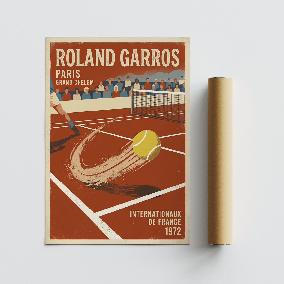 Roland Garros Art Print depicting a tennis ball streaking across a clay court near the net
