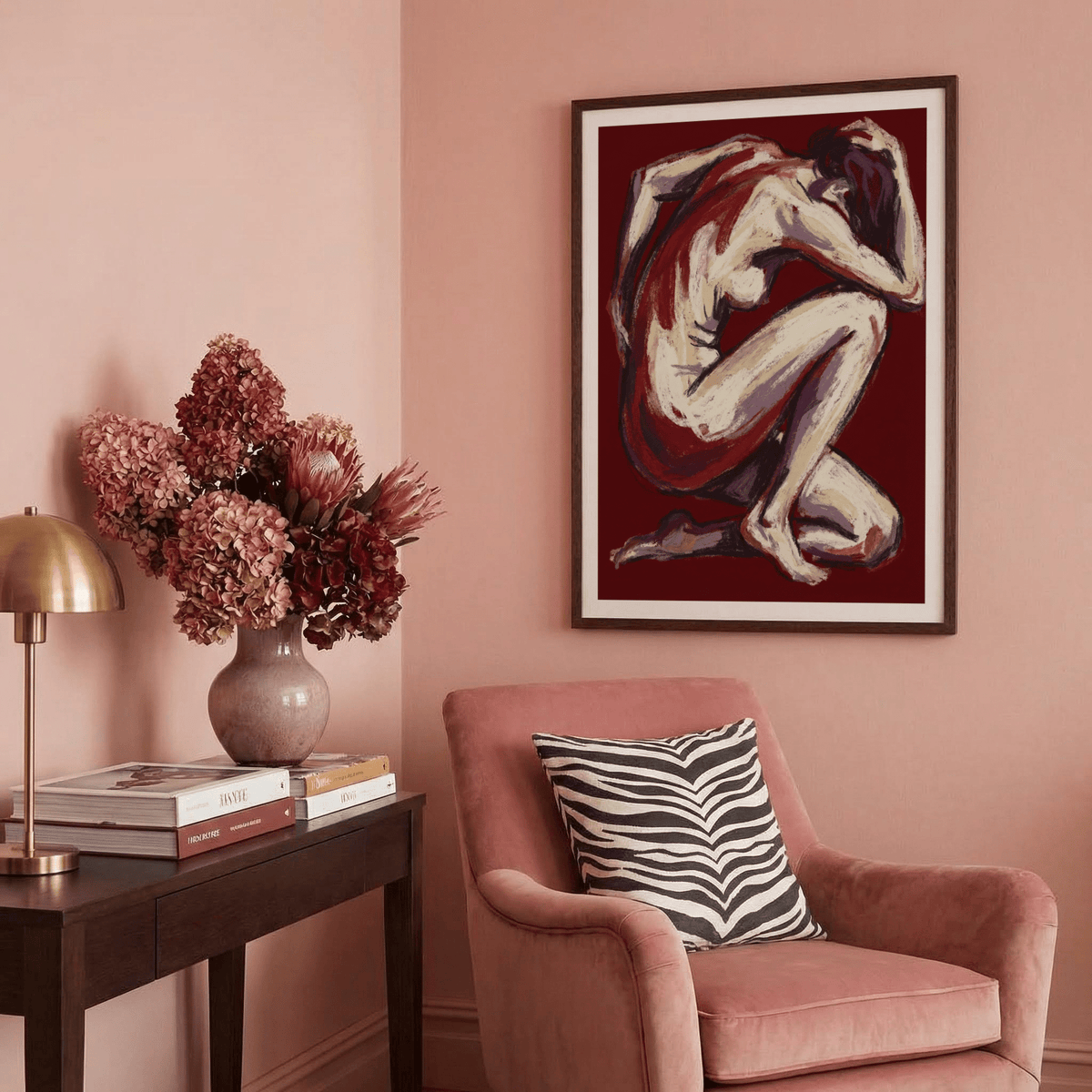 Crouched figure poster with raised arm and expressive contour lines