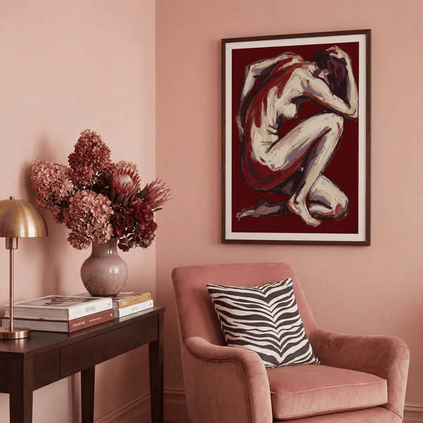 Crouched figure poster with raised arm and expressive contour lines