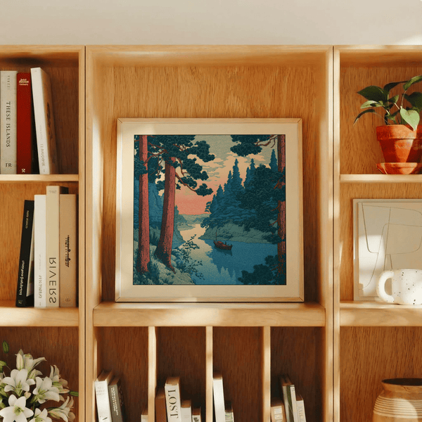 Landscape wall art print with tall pines and layered forest silhouettes