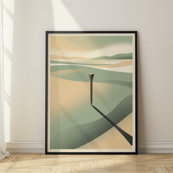 Minimalist Landscape Art Print showing abstract hills and central pole under calm sky