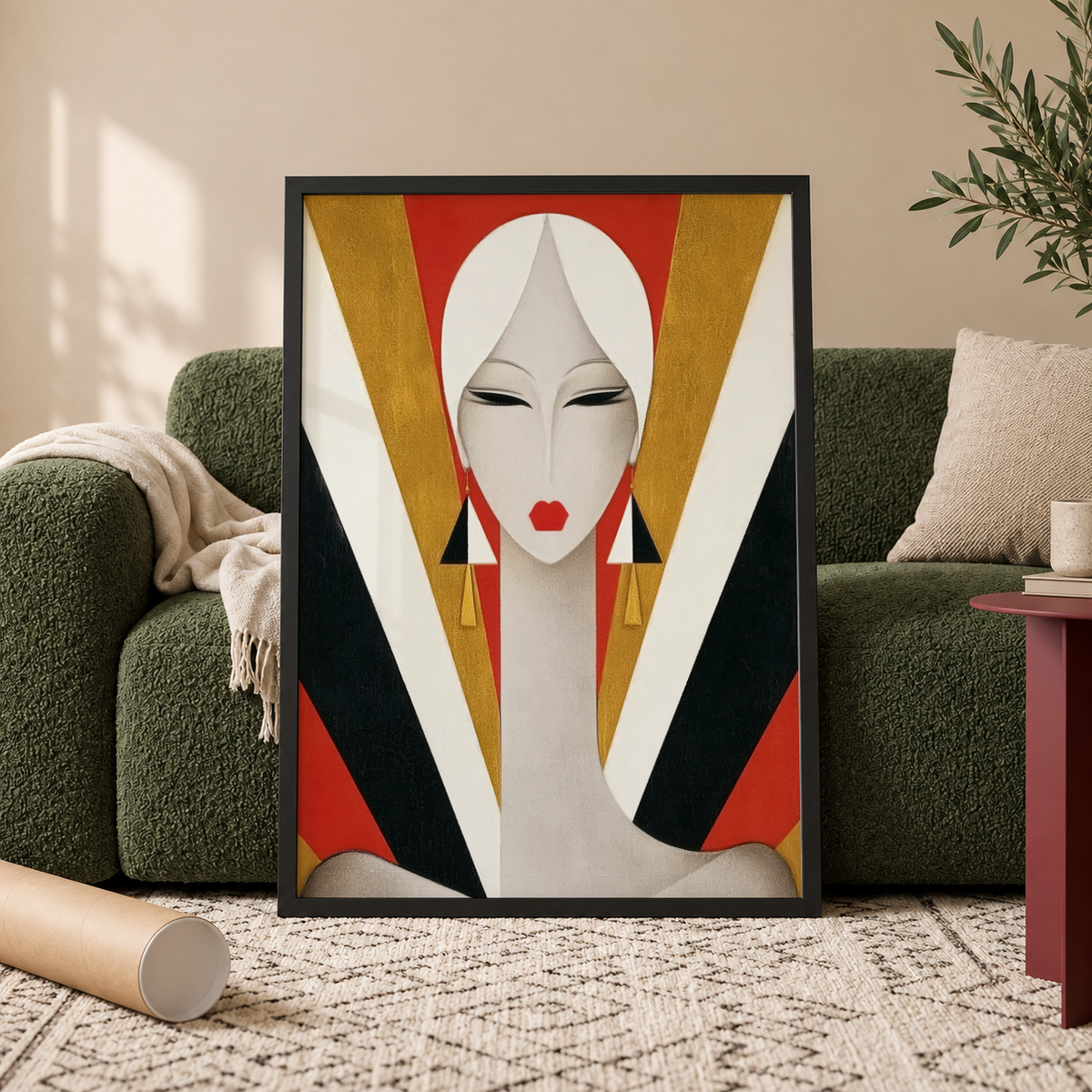 Centered composition photo of Art Deco Woman Portrait Print with symmetrical facial features