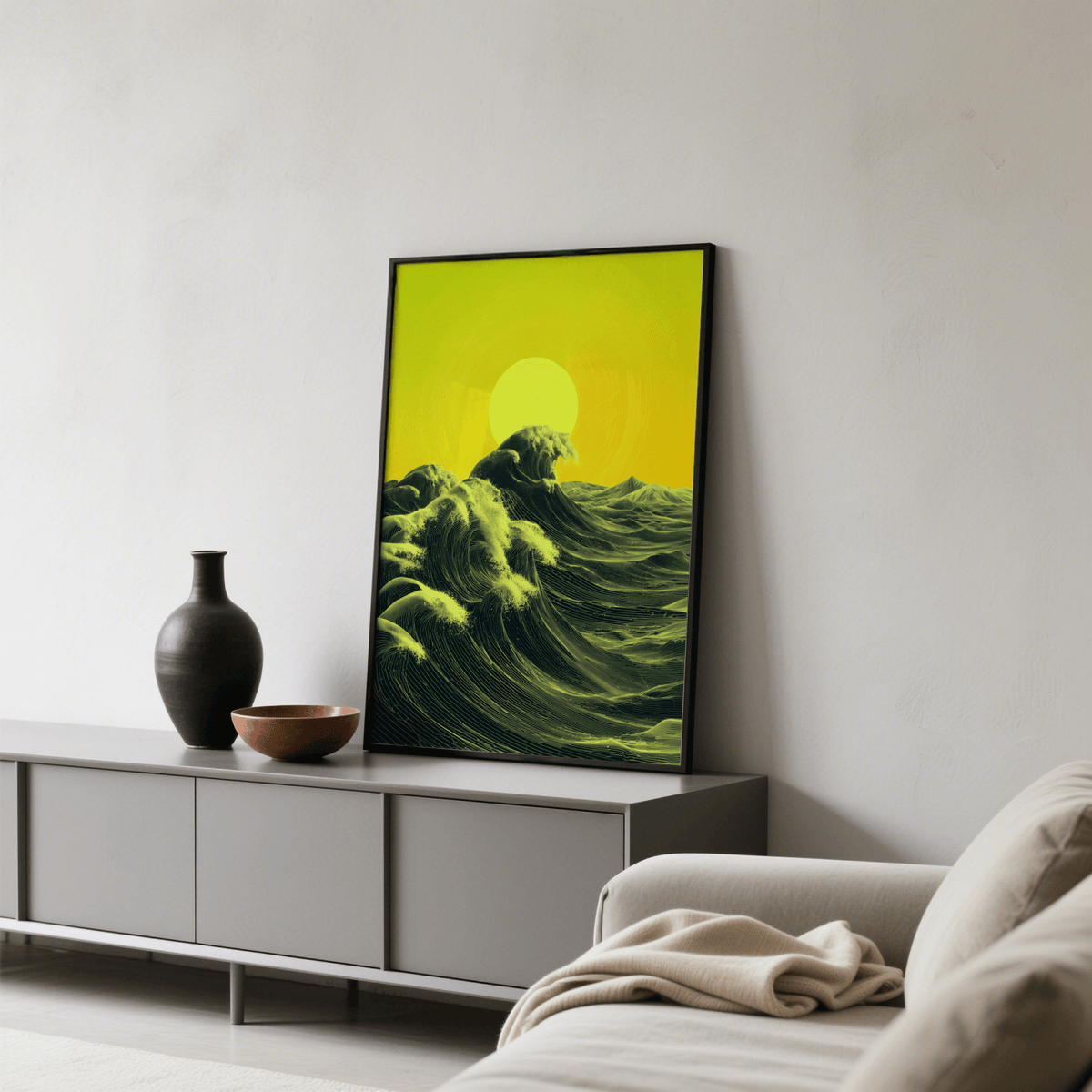 Contemporary Abstract Ocean Art Print, yellow and green for hallway art