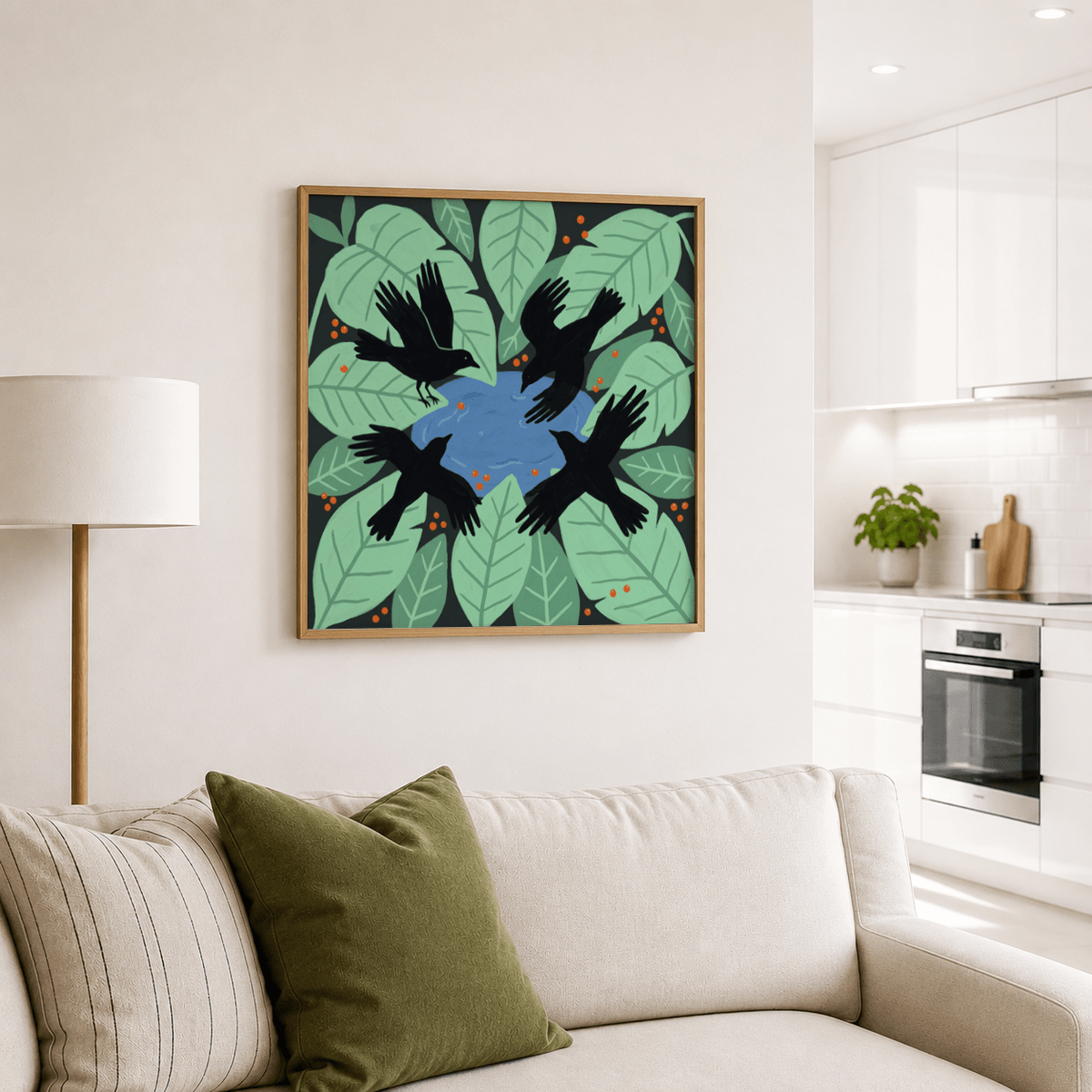 Gallery mockup of Crows Art Print wall art with four crows and oversized leaves around a pond
