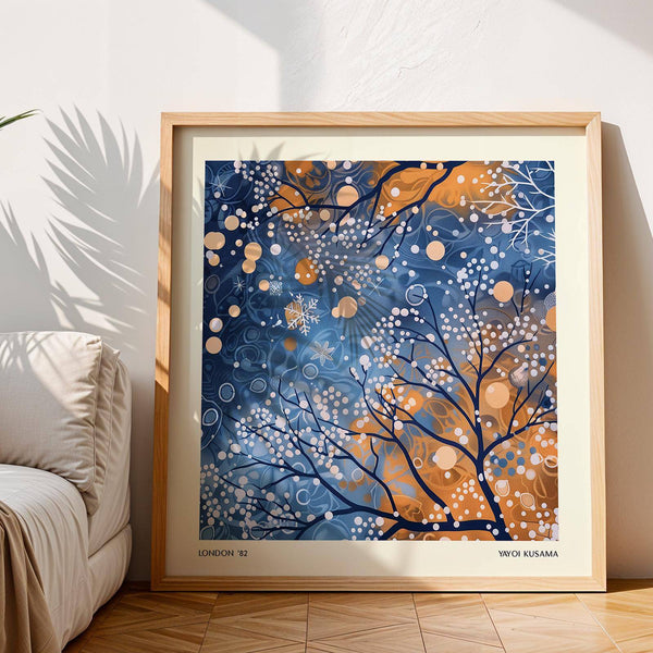 Abstract winter scene wall art with snowflake-like shapes for decor